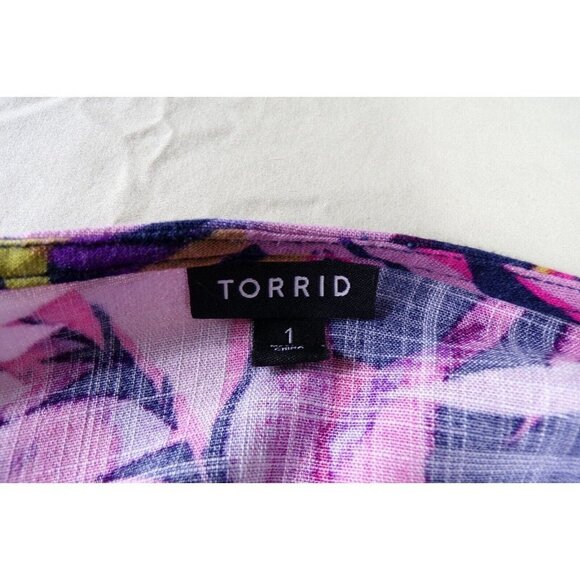 TORRID Rayon Slub Tiered Button Front Top Purple Green Pink Tropical 1X #466 - Picture 6 of 8